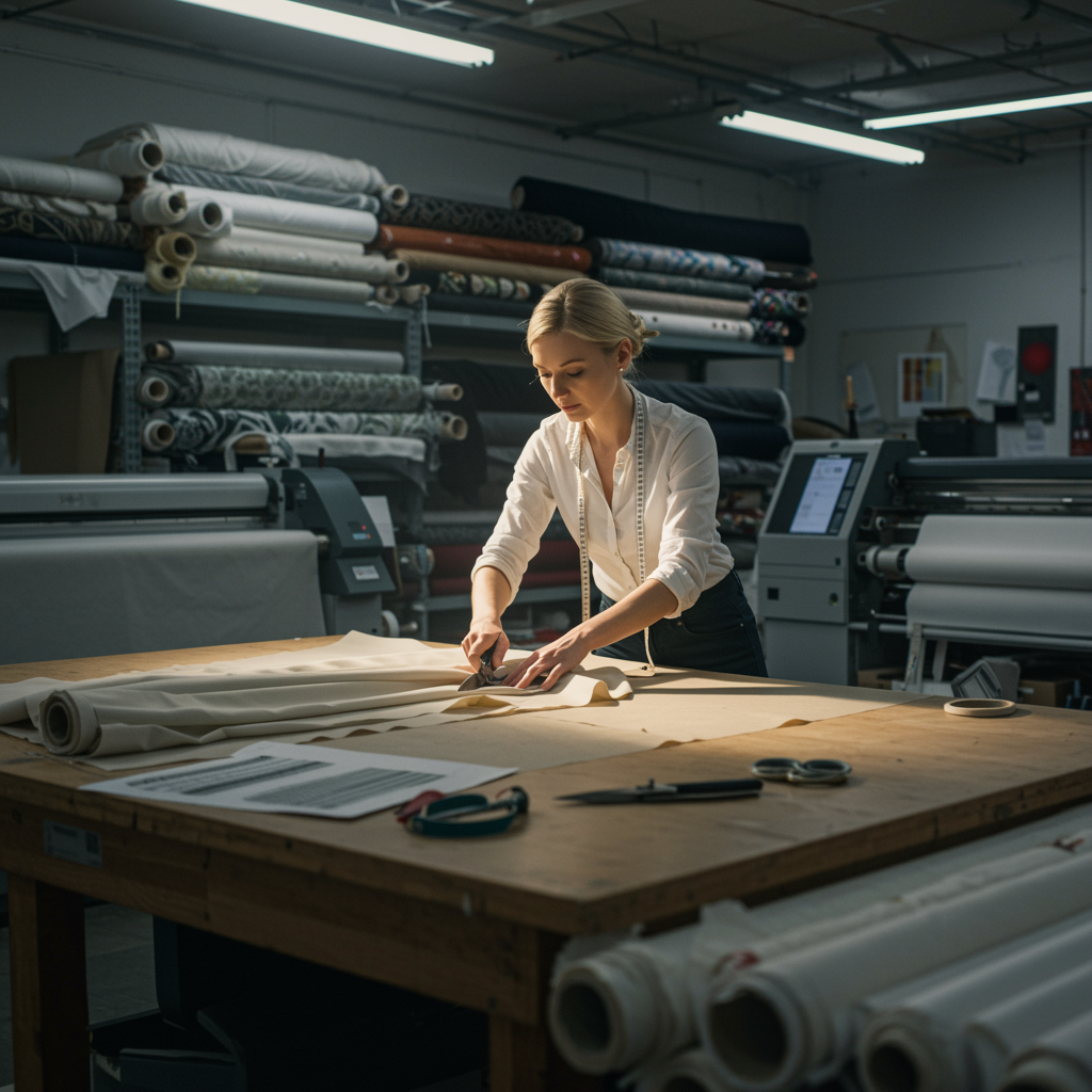 "Costurera profesional en un taller de confección iluminado, midiendo y cortando tela ignífuga de alta calidad para cortinas, con impresora digital y bocetos de diseño en un entorno artesanal."