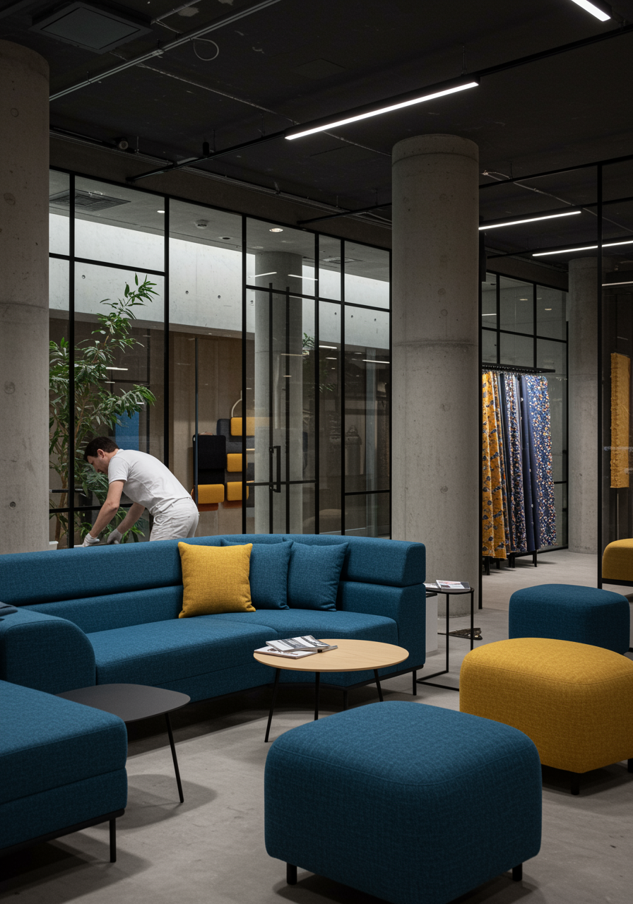 "Imagen de un elegante lounge público en Portugal, con sofás y sillas en textiles decorativos resistentes al fuego en tonos azul profundo y mostaza, resaltando diseño moderno y seguridad en espacios públicos."