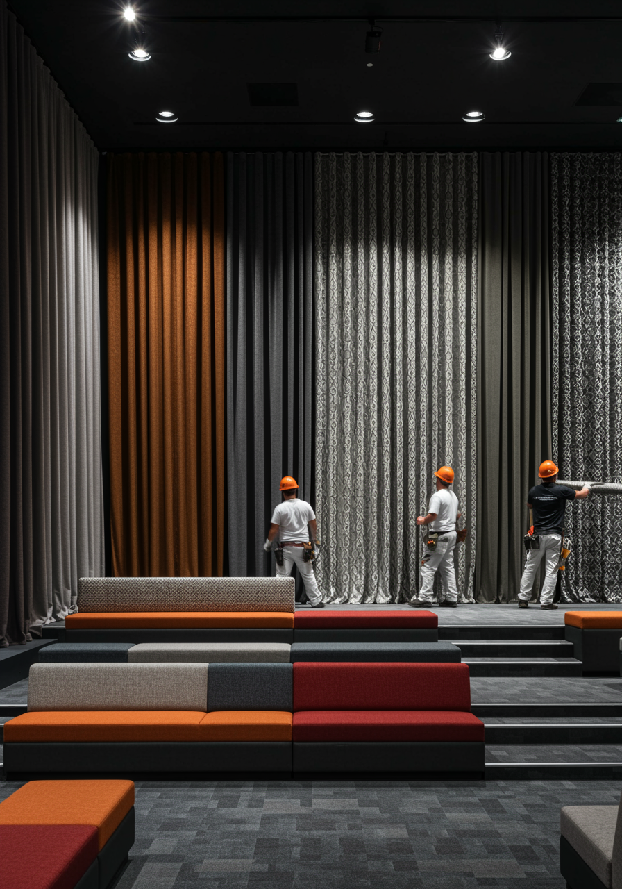 "Amplio salón público con asientos en gradas tapizados en textiles decorativos ignífugos, donde técnicos instalan paneles de cortinas elegantes, resaltando un diseño moderno y seguro para proyectos contractuales."