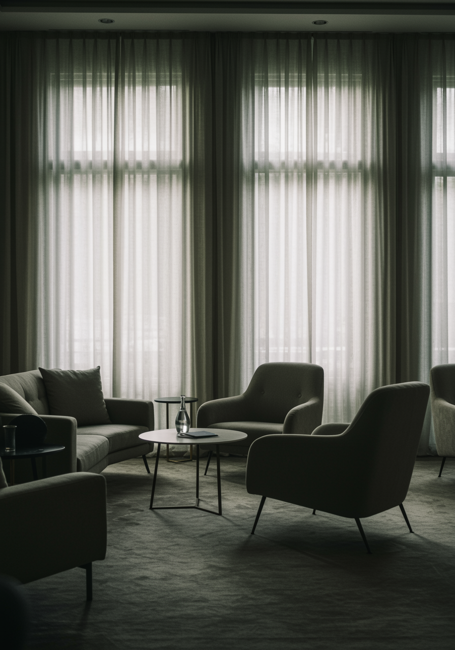 "Conferencia elegante en hotel con cortinas ignífugas, luz natural y mobiliario contemporáneo en un ambiente sofisticado y seguro."