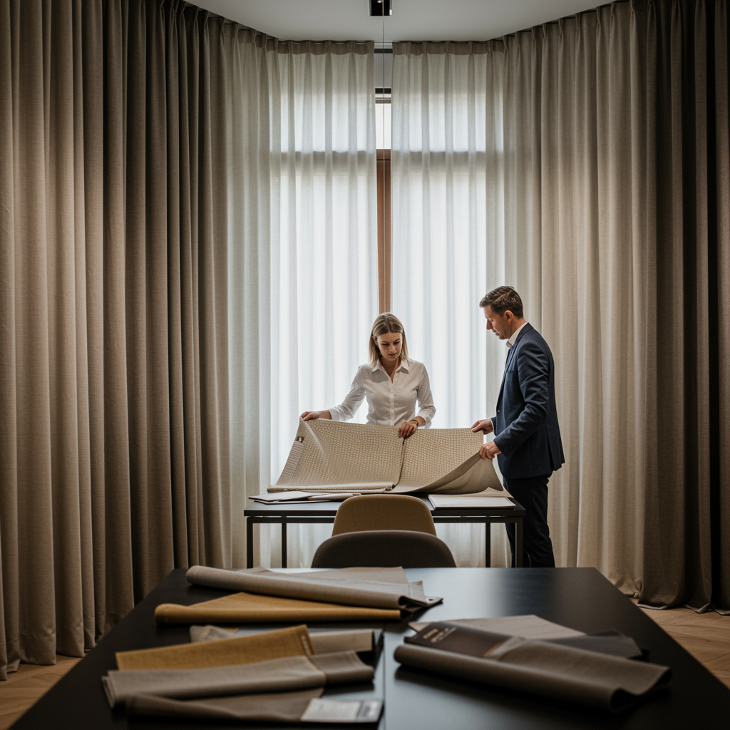 "Showroom contemporáneo en España con diseñadores examinando muestras de telas ignífugas en un ambiente minimalista y profesional, resaltando texturas y cumplimiento de la norma UNE EN 13773:2003."