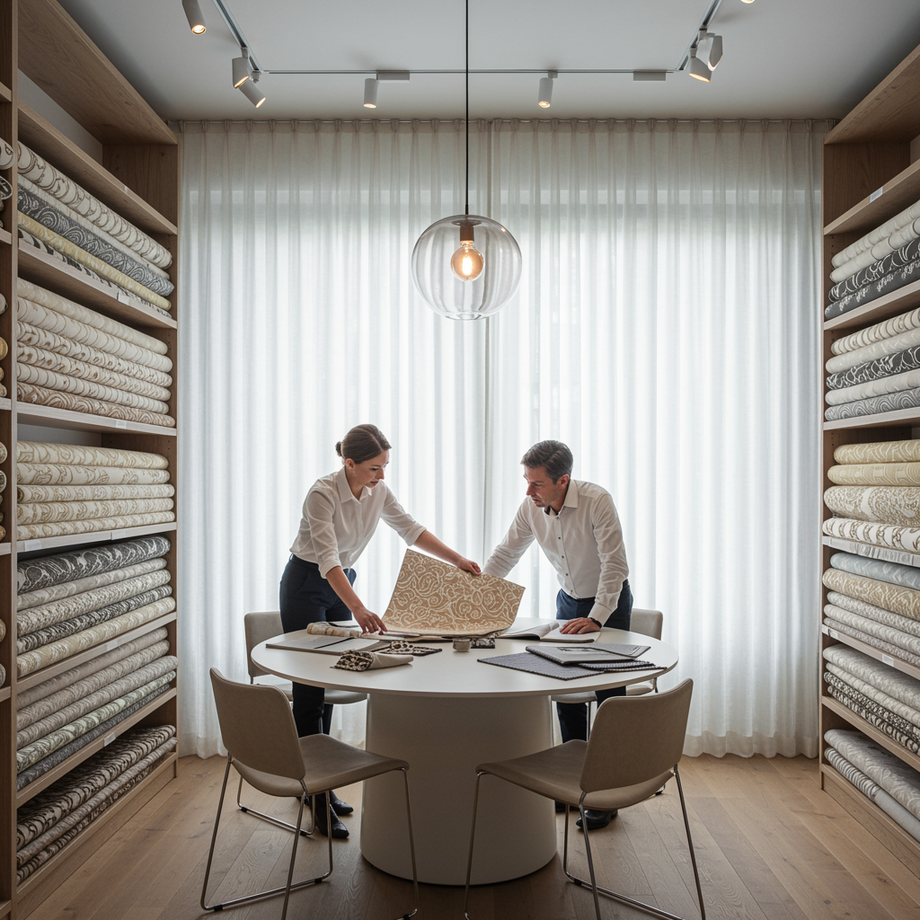 "Showroom moderno de interiores con telas decorativas ignífugas, diseñado para arquitectos e interioristas, que resalta la colaboración profesional y la elegancia decorativa."