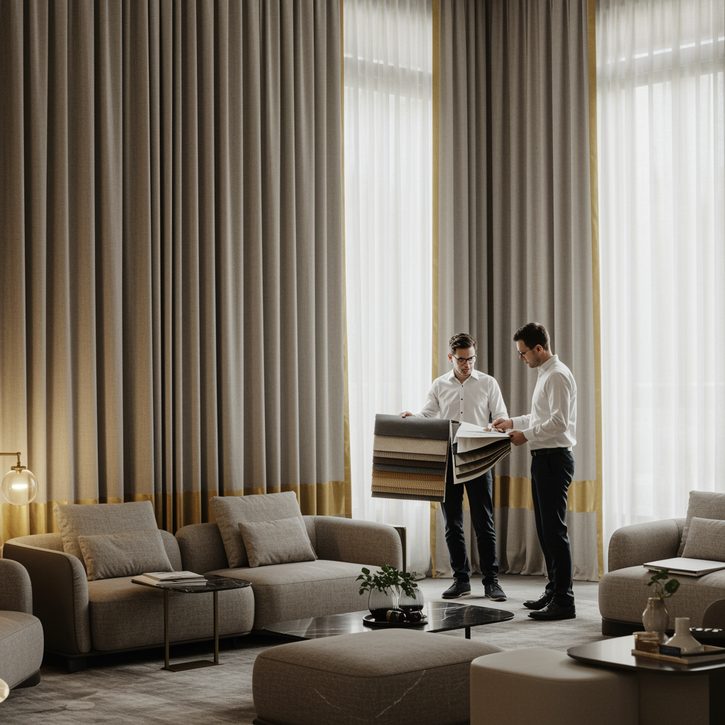 "Lobby de hotel moderno con cortinas ignífugas en tonos neutros y diseñadores discutiendo acabados junto a una mesa de mármol, reflejando elegancia y seguridad en un espacio público sofisticado."