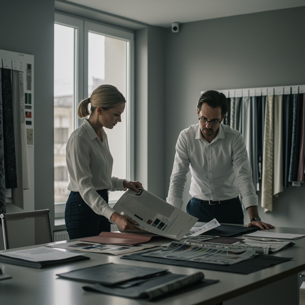 "Consulta de diseño de interiores en un estudio minimalista, donde un diseñador y un arquitecto evalúan muestras de telas ignífugas para proyectos de hostelería."