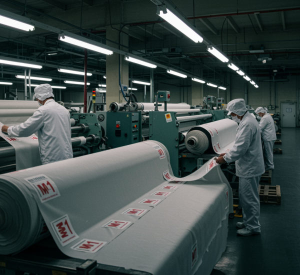 "Instalación moderna de fabricación textil con técnicos inspeccionando tela de tapicería ignífuga, garantizando calidad y seguridad en un ambiente industrial."